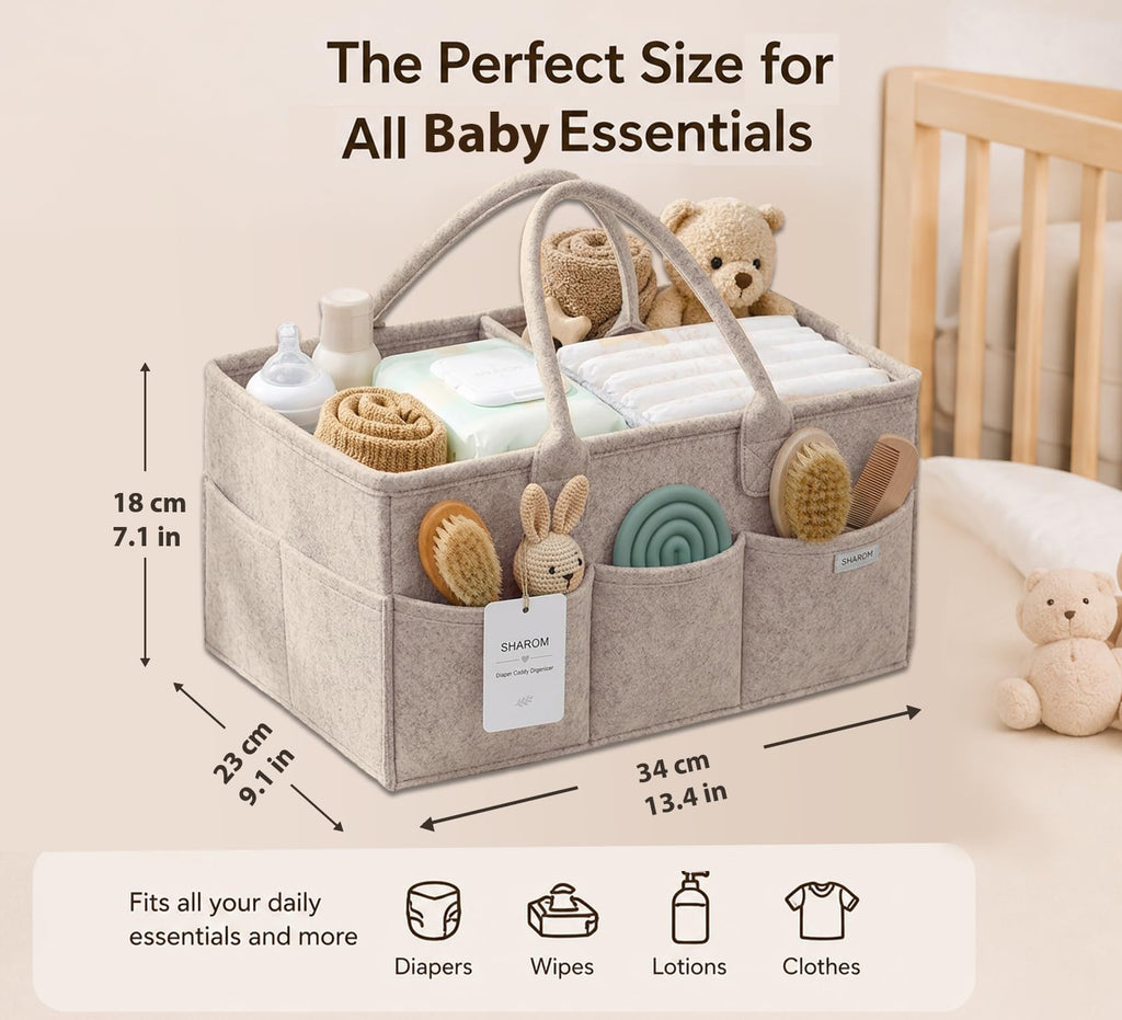 Essential Baby Caddy for Newborns. Spacious, Sturdy & Portable Diaper and Nappy Caddy for Newborn Essentials, Nursery Storage Basket & Organiser for Baby Shower Gifts & Registry Must-Haves Grey