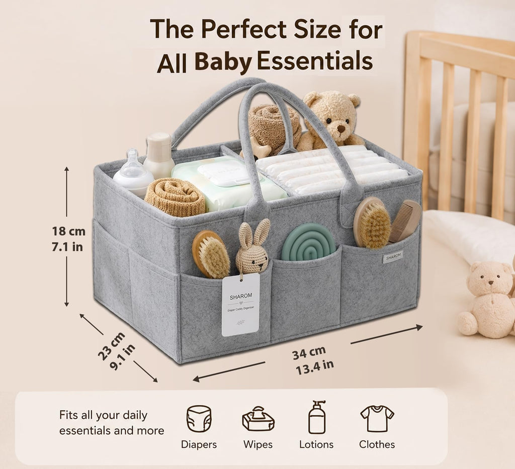 Essential Baby Caddy for Newborns. Spacious, Sturdy & Portable Diaper and Nappy Caddy for Newborn Essentials, Nursery Storage Basket & Organiser for Baby Shower Gifts & Registry Must-Haves Grey
