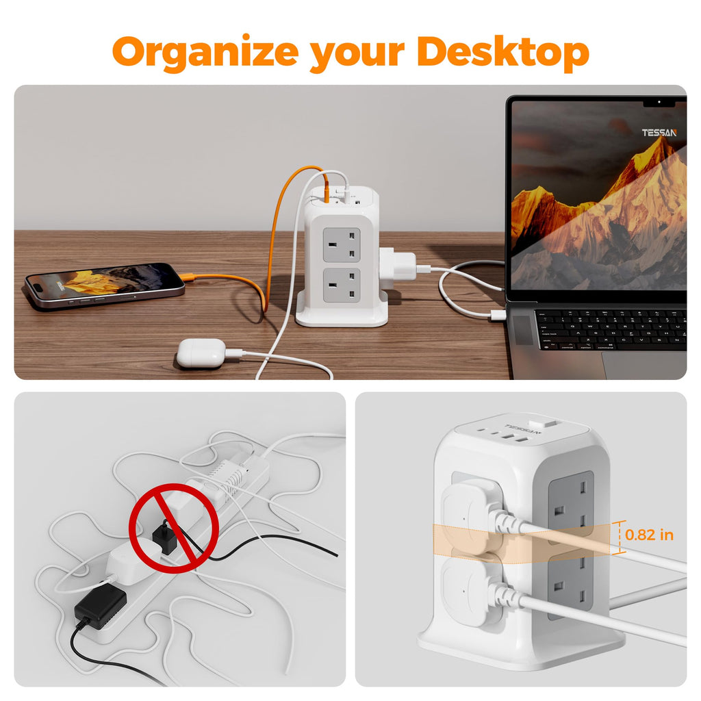 TESSAN 8 Way Black Tower Extension Lead 2M with 4 USB Slots (2 USB C)