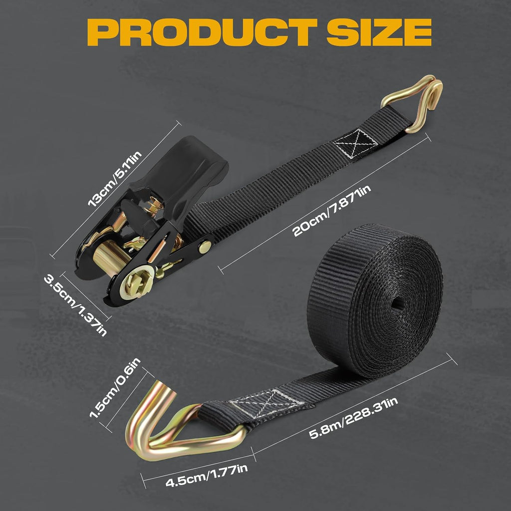 Ratchet Straps with Hook, 6M x 25MM, Heavy Duty, 4 Pack/Black