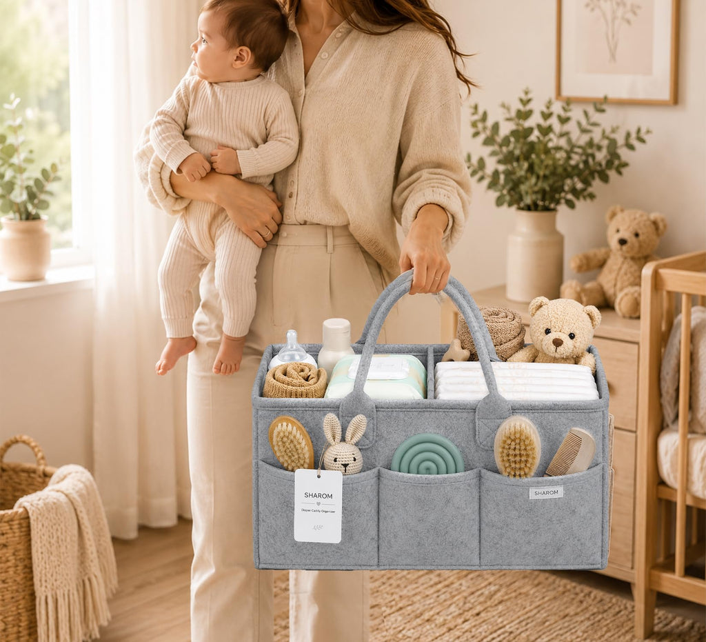 Essential Baby Caddy for Newborns. Spacious, Sturdy & Portable Diaper and Nappy Caddy for Newborn Essentials, Nursery Storage Basket & Organiser for Baby Shower Gifts & Registry Must-Haves Grey