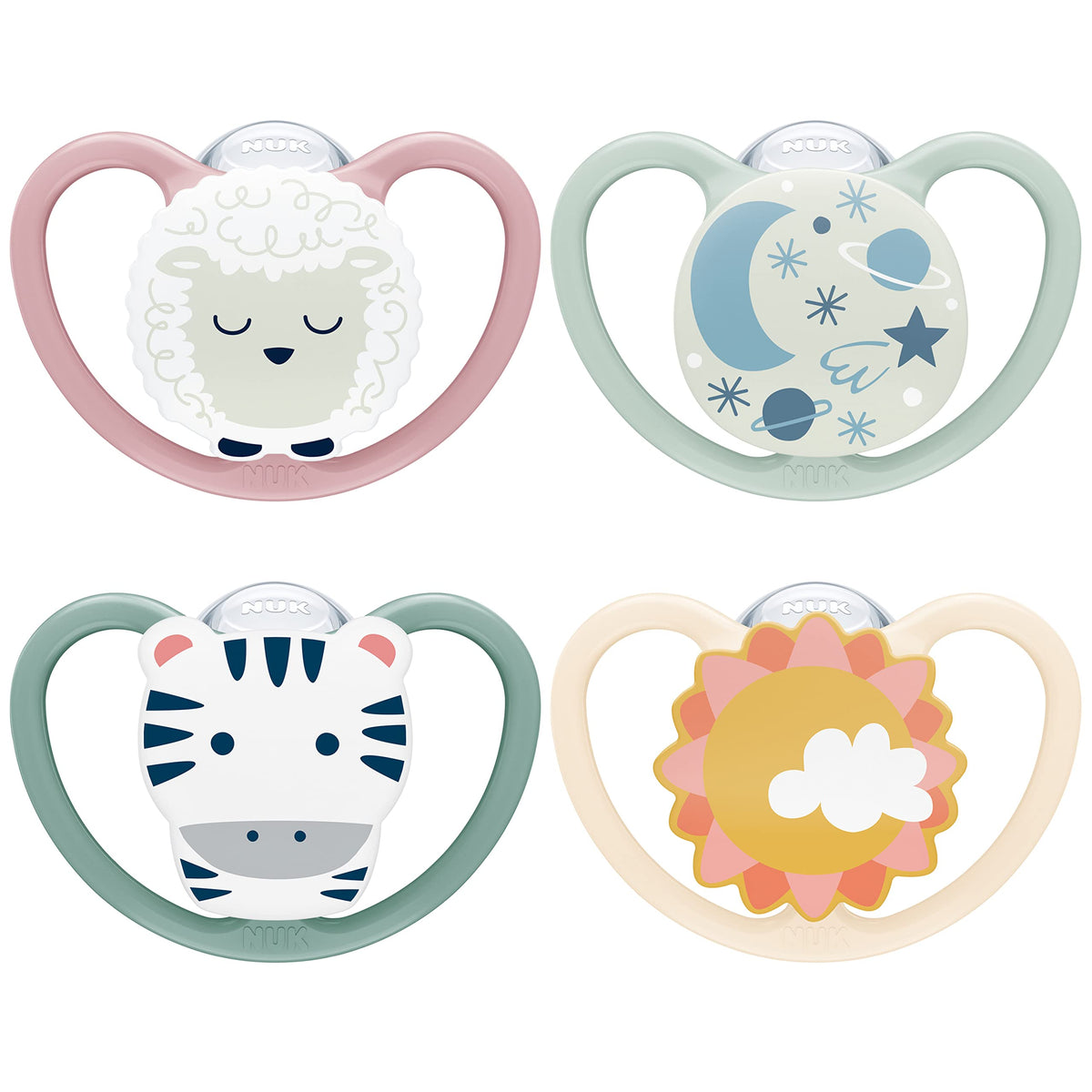 NUK Space Day & Night Baby Dummy | 6-18 Months | Glow-in-the-Dark Soothers with Extra Ventilation for Sensitive Skin | BPA-Free Silicone | Zebra & Lion | 4 Count