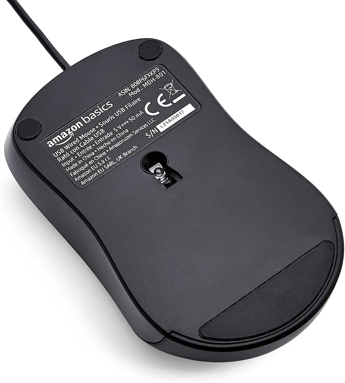 Amazon Basics USB Silent Wired Mouse, Black, 3-Button Optical