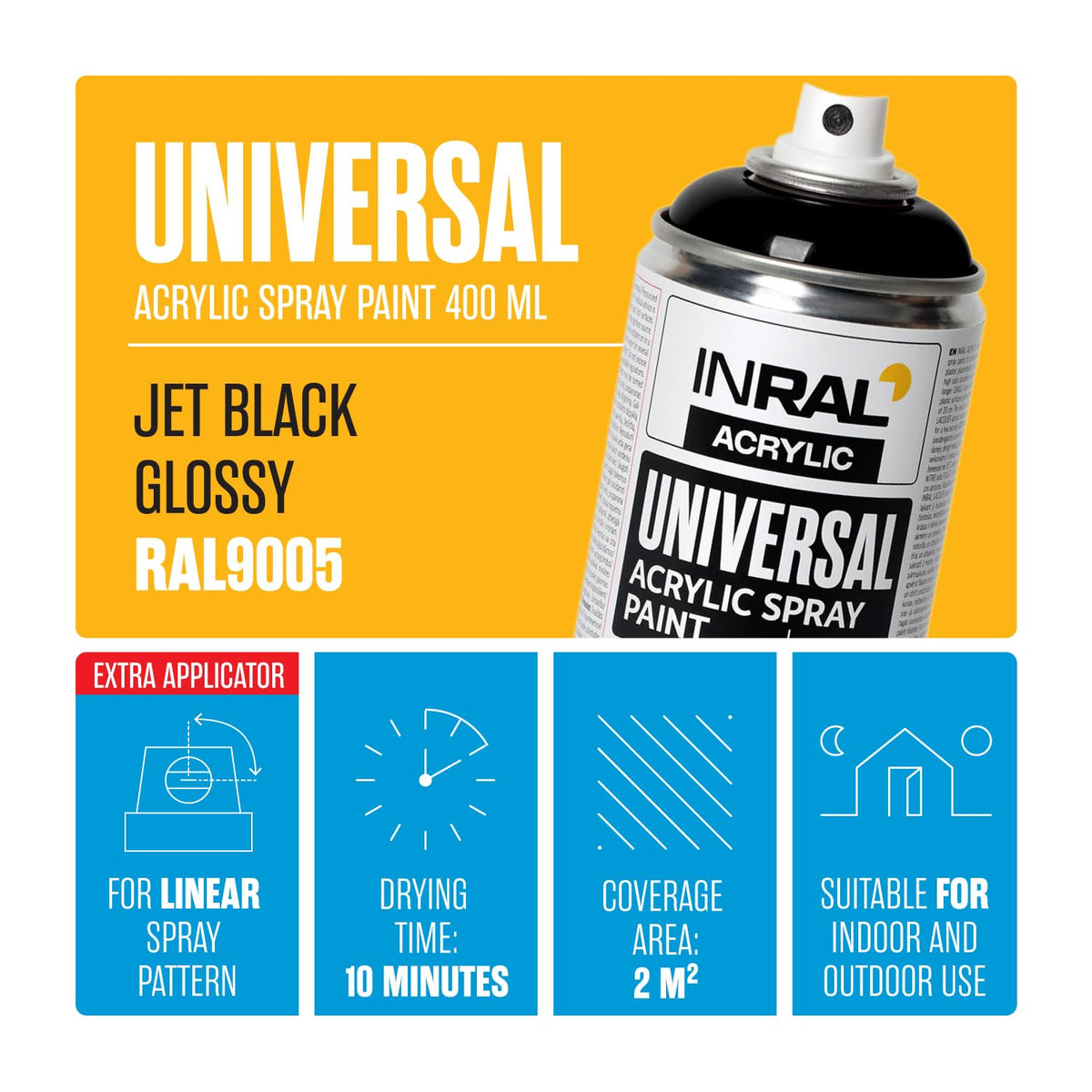 Acrylic Spray Paint Jet Black Matt RAL9005 [400ml] – Universal Spray for Metal, Plastic, Wood & Stone – High-Coverage, UV & Rain Resistant – Indoor & Outdoor Use