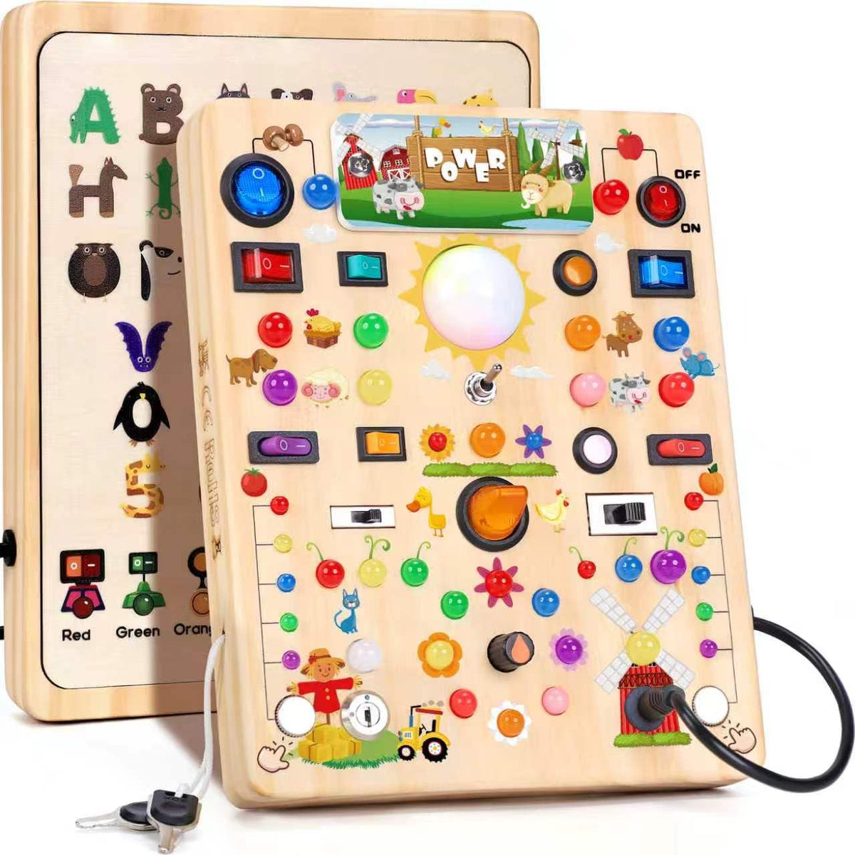 Busy Board with LED Light Switches, Montessori Toys for 1 2 3 Years Old, Toddlers Wooden Toy Sensory Activity Board, Travel Toys for 1+ Year Old Boy & Girl Birthday Gift