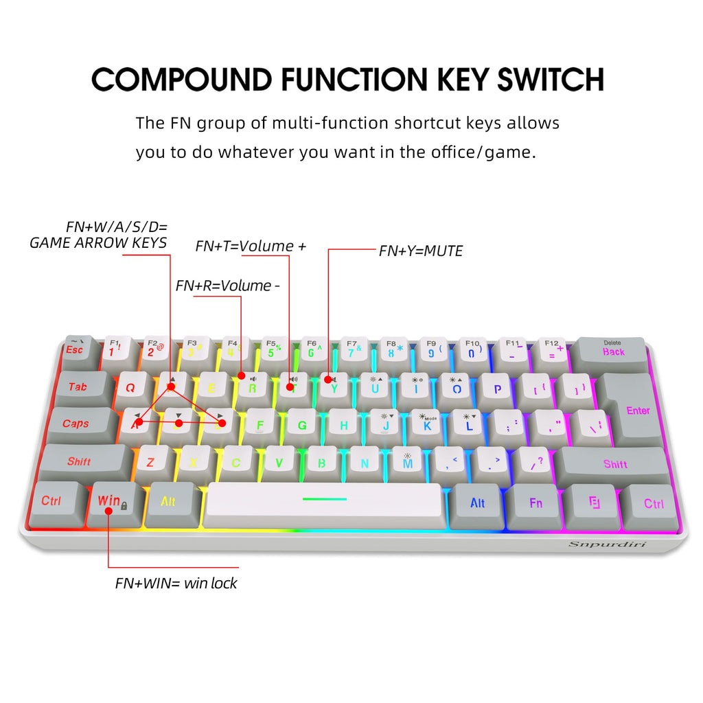 Snpurdiri 2.4G 60% Wireless Gaming Keyboard and Mouse Combo (White-Grey)