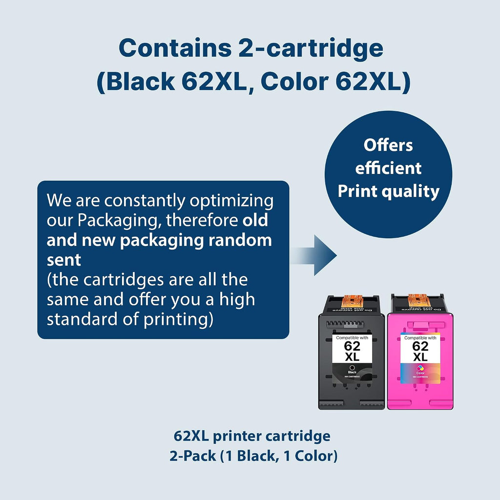 62XL Ink Cartridge 1Black 1TriColour Replacement for HP 62XL Ink Cartridges