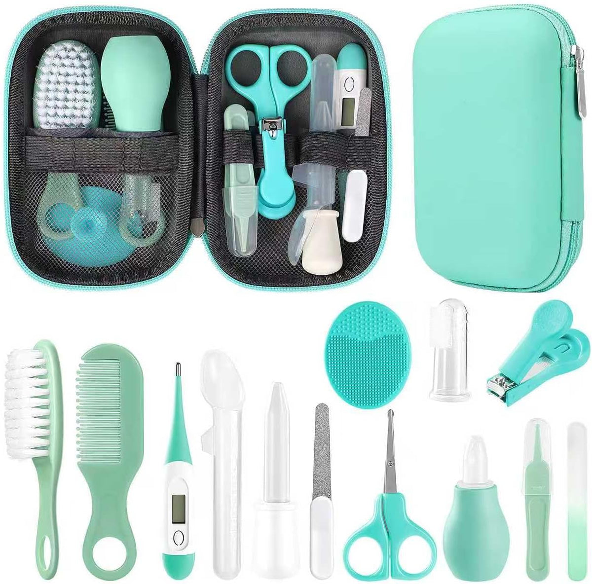Qunlions life Baby Healthcare and Grooming Kit, Infant Safety Care Set with Hair Brush Comb Nail Clipper, Baby Essentials Kit for Newborn Girls Boys (Green 14 in 1）