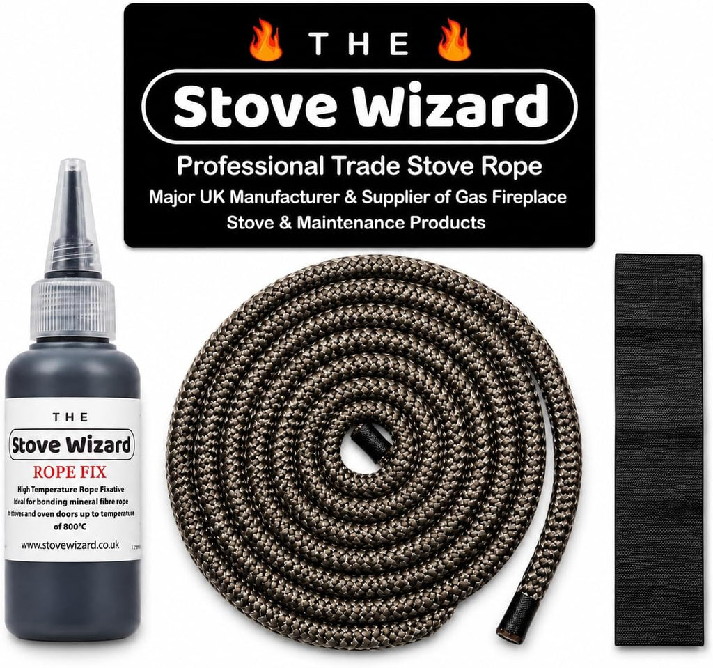Stove Rope Kit 10mm x 2.5m Black 50ml Glue 100mm Tape