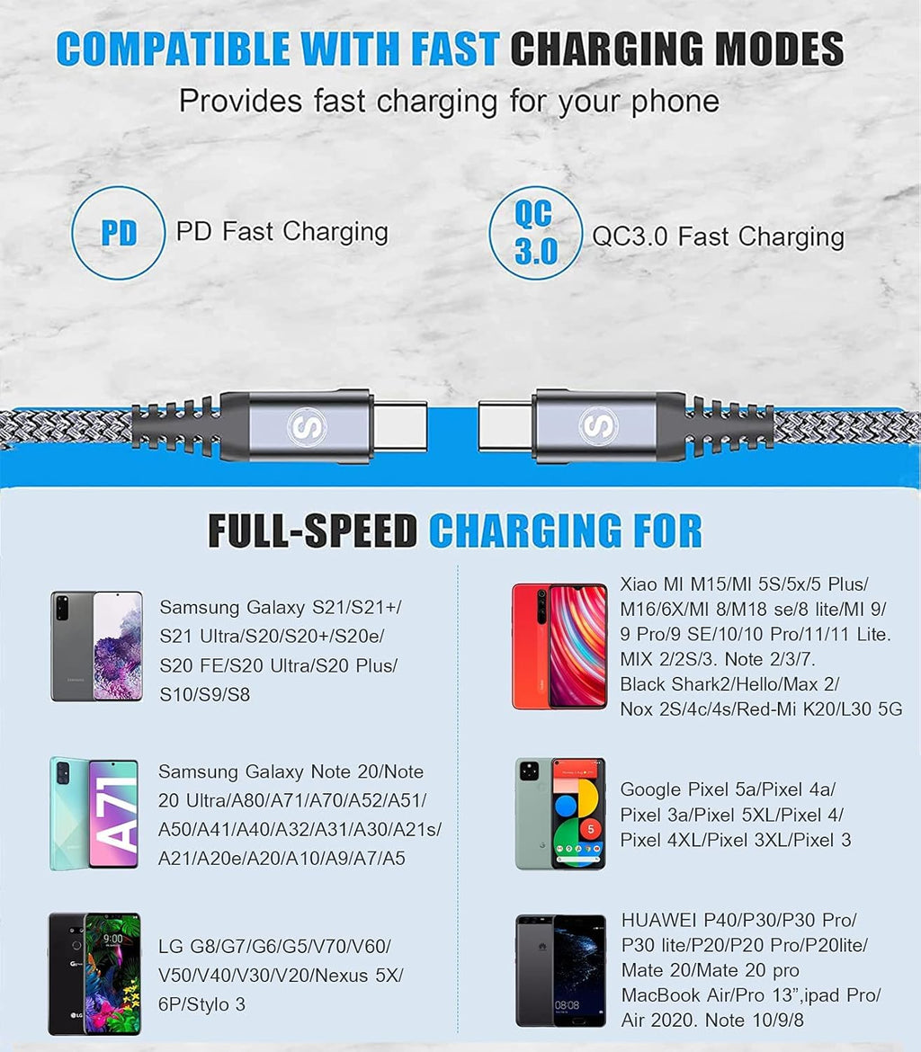 2-Pack 3m 60W USB C to USB C Charger Cable, PD Type C Super Fast Charging for iPhone 16 15 MacBook iPad Pro, Samsung Flip Fold 7 6 5 S25 S24 S23 Ultra, Steam Deck, Nintendo Switch etc