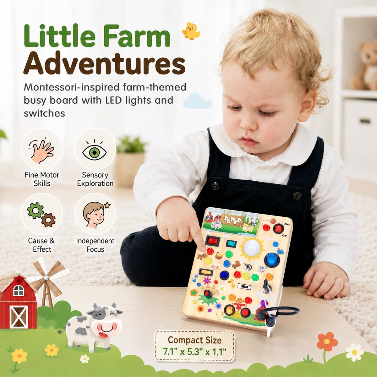 Busy Board with LED Light Switches, Montessori Toys for 1 2 3 Years Old, Toddlers Wooden Toy Sensory Activity Board, Travel Toys for 1+ Year Old Boy & Girl Birthday Gift