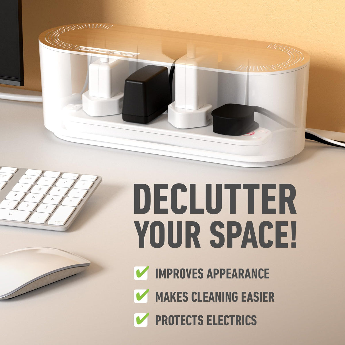 D-Line Cable Tidy Box, Hide Extension Blocks, Desk Cable Management, Organise TV Cables - 415mm (L) x 165mm (W) x 135mm (H) - Large, White