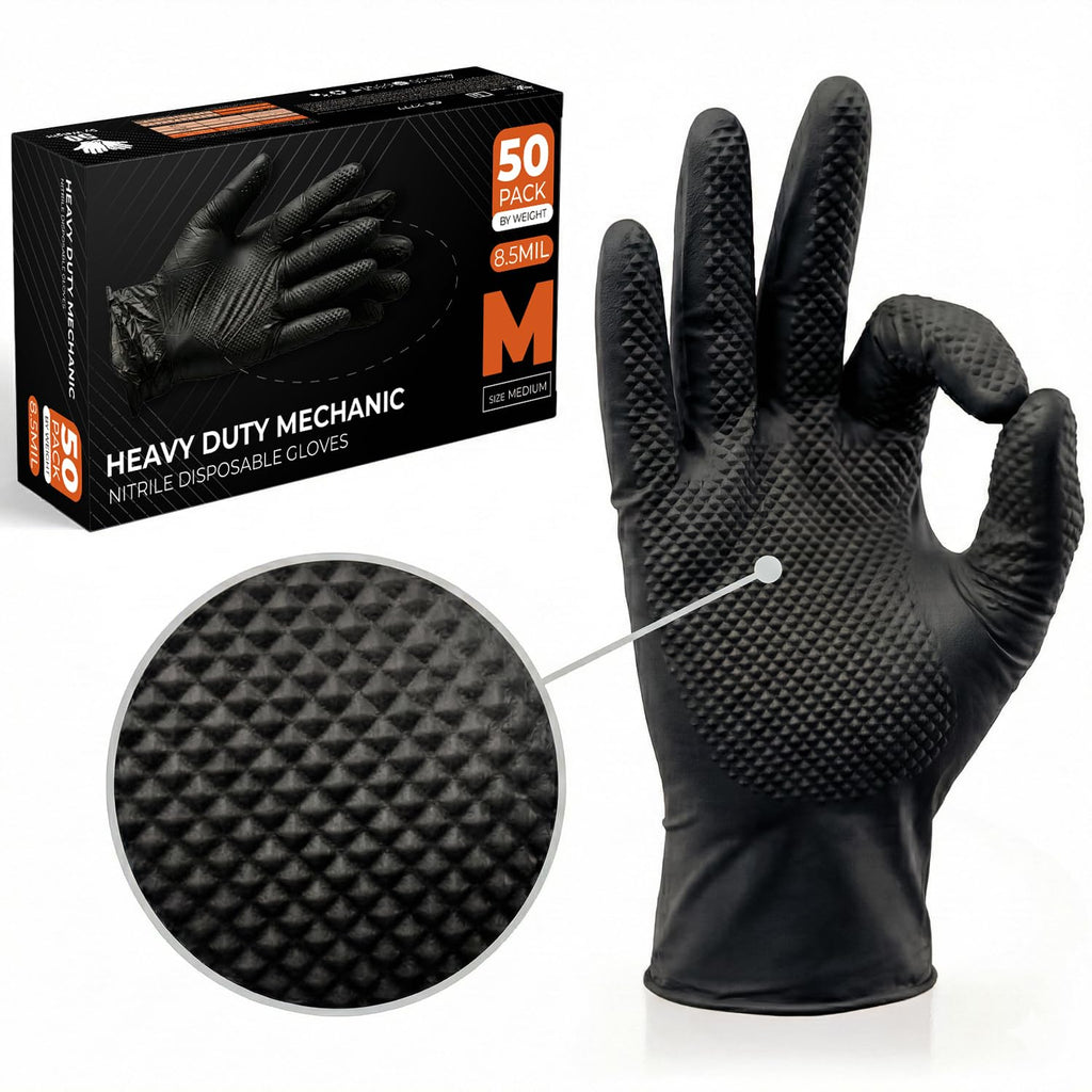 The Real Touch Nitrile Gloves, 50 Count, Heavy-Duty Disposable Mechanic Gloves, Diamond Textured, Latex & Powder-Free, Non-Slip, Extra Thick, Ideal for Automotive, Industrial Tasks (Black - 50, L)
