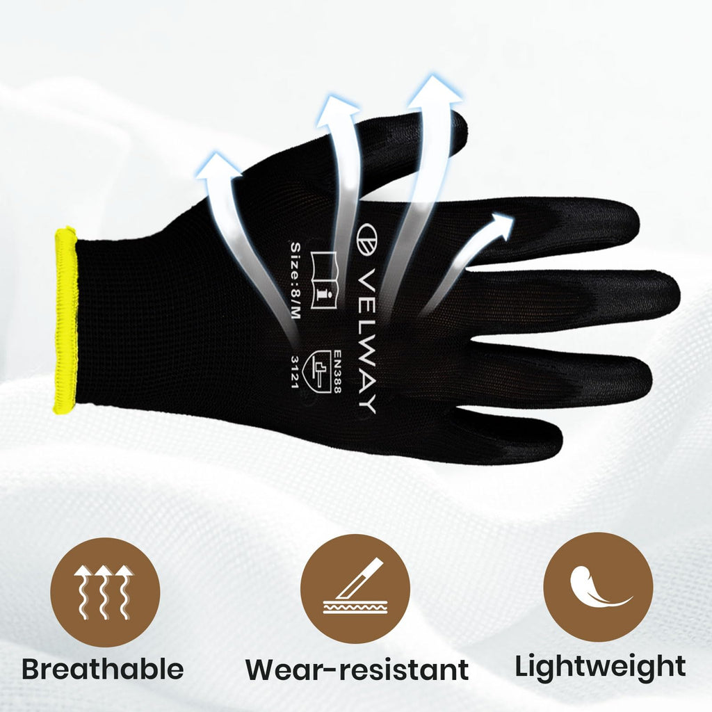 Velway 12 Pairs Work Gloves PU Coated for Men Women, Red, Size 9/L