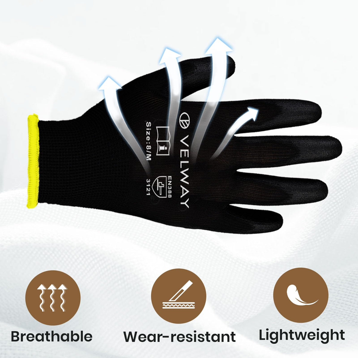 Velway 12 Pairs Work Gloves PU Coated for Men Women, Red, Size 9/L