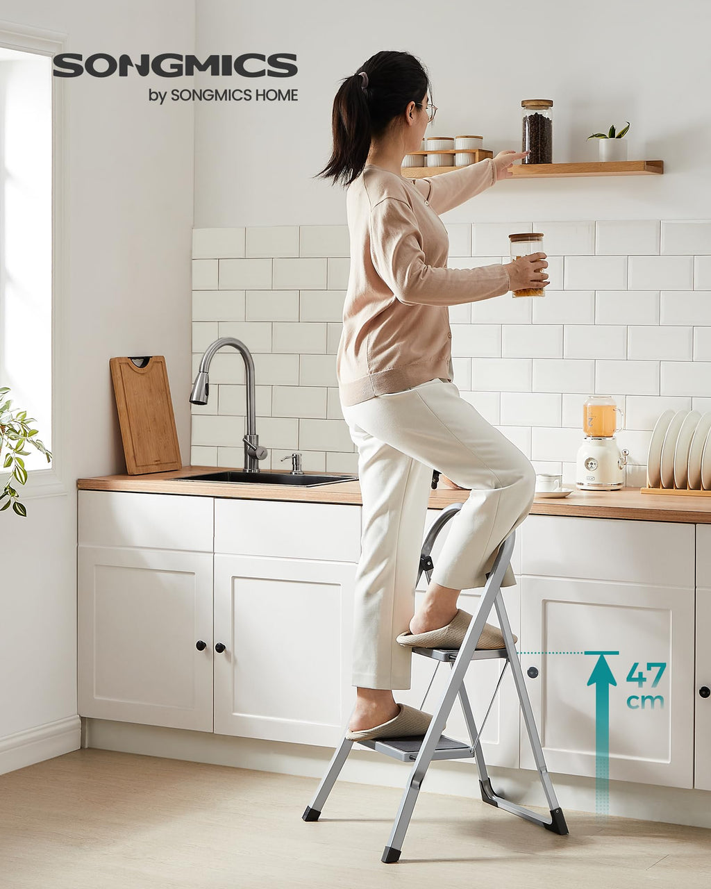SONGMICS 3-Step Ladder, Folding Step Ladder, Safety, Holds up to 150KG