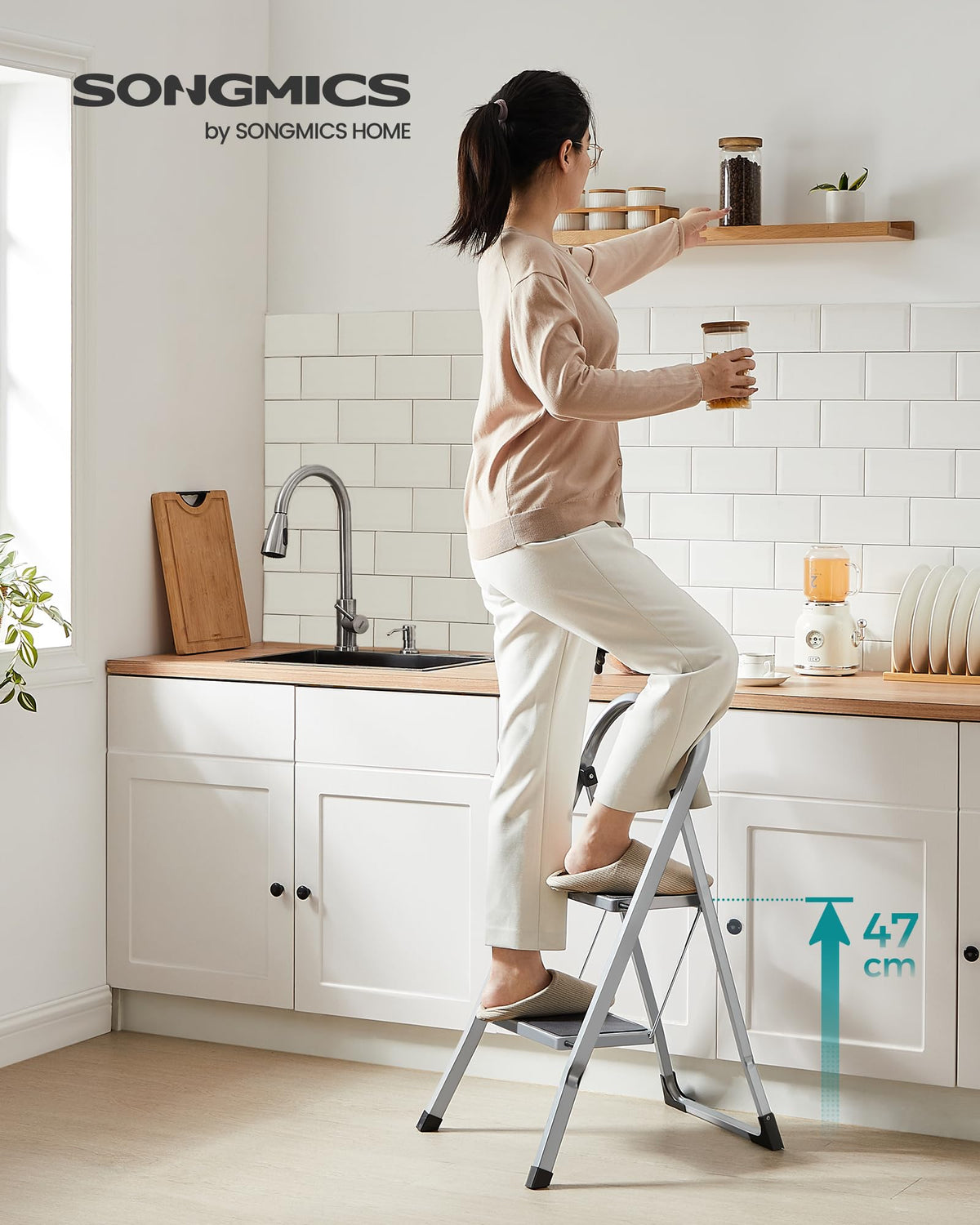 SONGMICS 3-Step Ladder, Folding Step Ladder, Safety, Holds up to 150KG