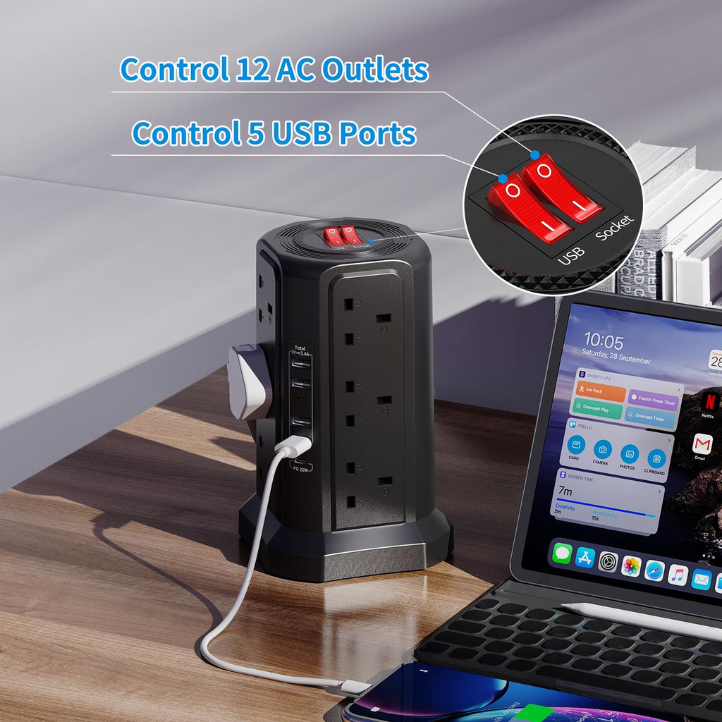 HAFINO Tower Extension Lead with USB Slots, PD18W USB C Fast Charger, 1.8M