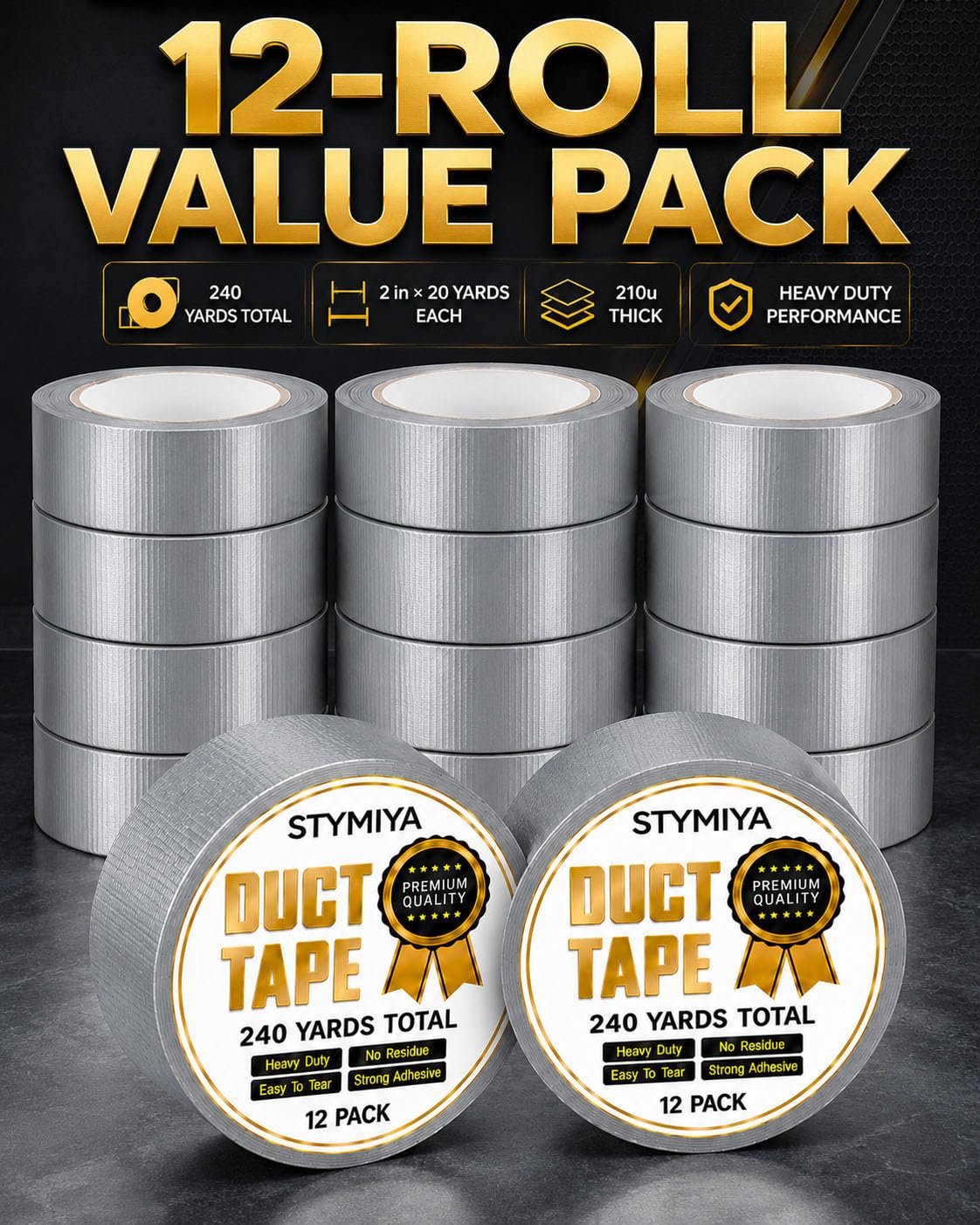 Black Duct Tape Heavy Duty: 3 Rolls 2inch x 20yd Wide Waterproof Outdoor - Strong Adhesive Weather Tapes Repair Bulk - Ductape for Patterns Masking Packing Furniture Kids Craft (3, Matte Black)