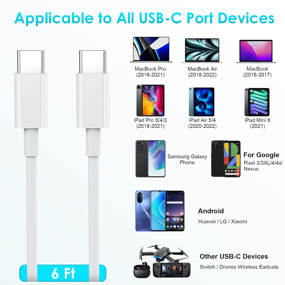 USB C Charger Cable,6FT/1.8M USBC to USBC Cable 100W 5A Type C Charger