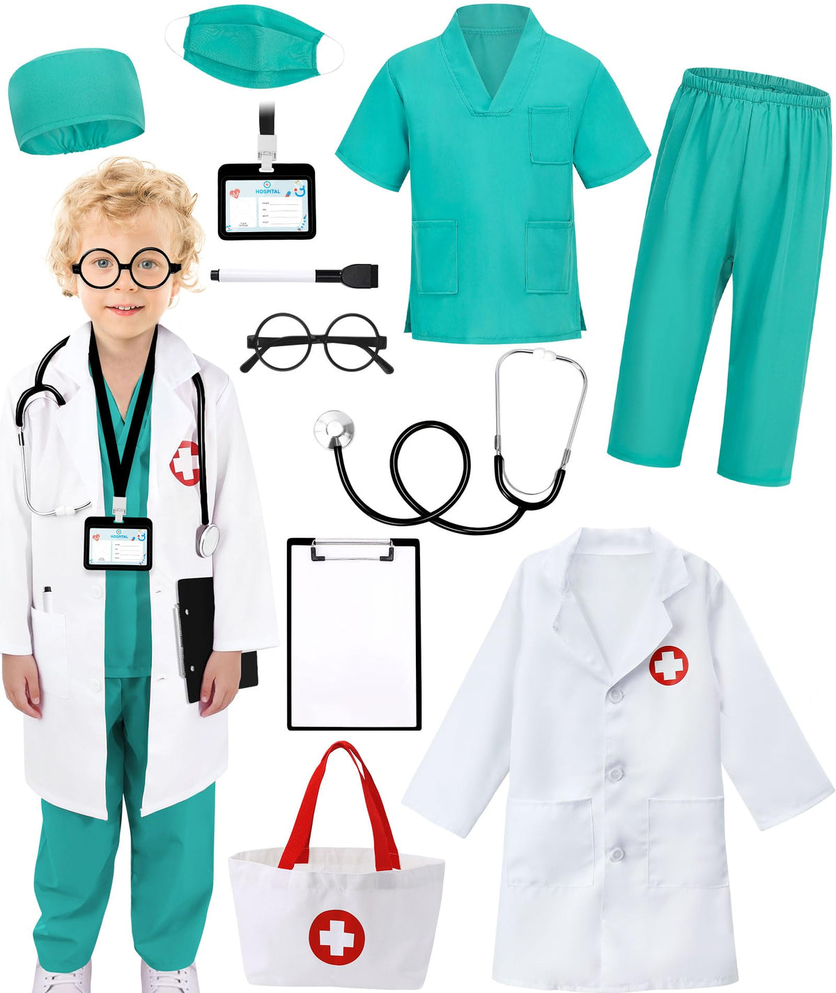 12 PCS Doctor Costume for Kids,Scrubs Nurse Costume for Girls Boys