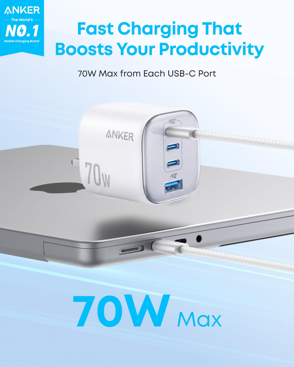 Anker Zolo 70W Fast usb c Charger, 4-Port Foldable Laptop Adapter Plug