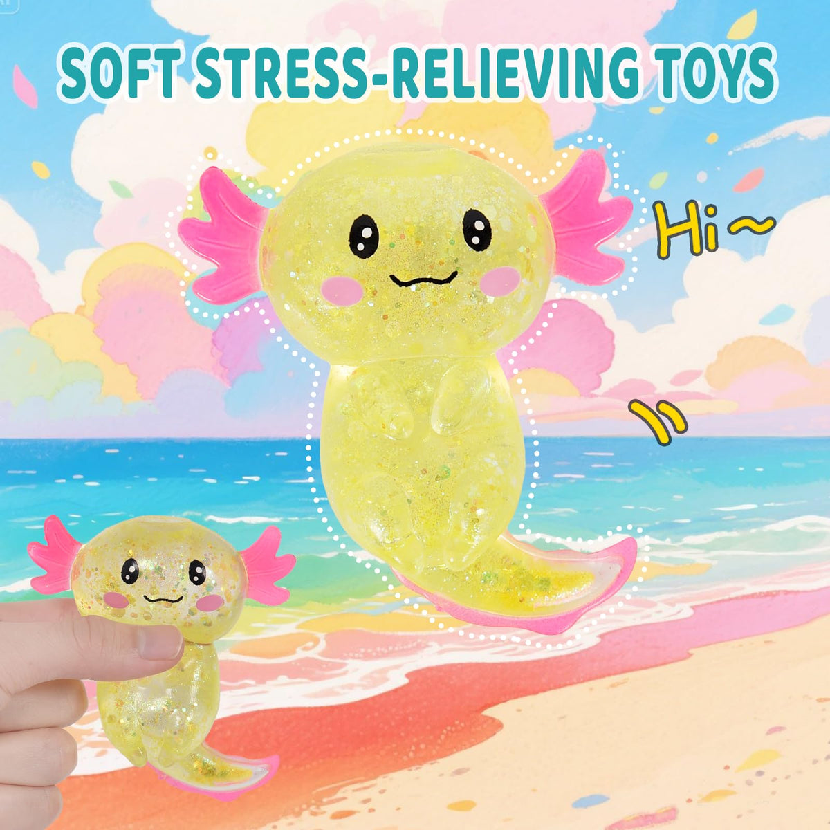 Axolotl Squishy Stress Relief Toy Glitter Fidget Toys Cute Malt Sugar Axolotl Toy Fidget Toys for Kids Youth Adult, Party Favors Anxiety Relief Squishy Toys(Blue)