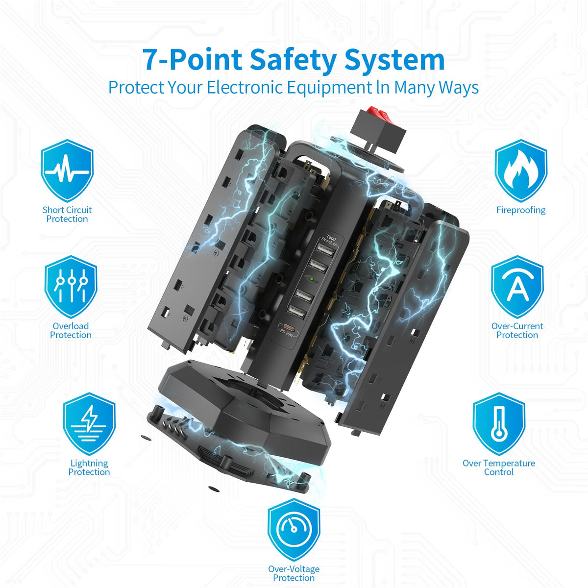 HAFINO Tower Extension Lead with USB Slots, PD18W USB C Fast Charger, 1.8M