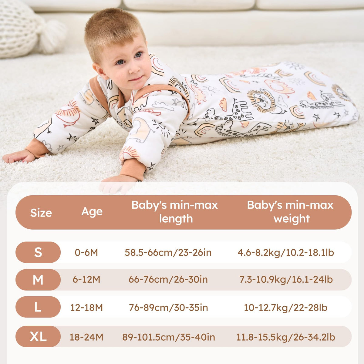 Yoofoss Baby Sleeping Bag 3.0 TOG - 6-12 Months Winter Sleeping Bag Baby with Removable Long Sleeves 100% Organic Cotton Sleep Sack Newborn Infant Toddler Giraffe