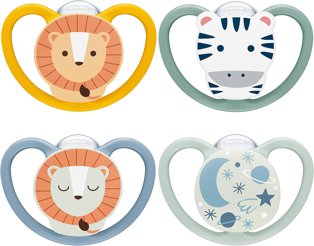 NUK Space Day & Night Baby Dummy | 6-18 Months | Glow-in-the-Dark Soothers with Extra Ventilation for Sensitive Skin | BPA-Free Silicone | Zebra & Lion | 4 Count