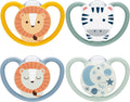 NUK Space Day & Night Baby Dummy | 6-18 Months | Glow-in-the-Dark Soothers with Extra Ventilation for Sensitive Skin | BPA-Free Silicone | Zebra & Lion | 4 Count