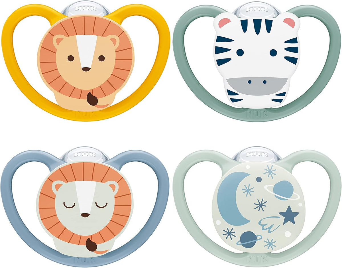 NUK Space Day & Night Baby Dummy | 6-18 Months | Glow-in-the-Dark Soothers with Extra Ventilation for Sensitive Skin | BPA-Free Silicone | Zebra & Lion | 4 Count
