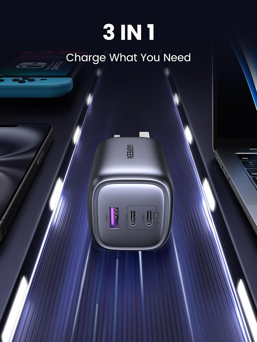 UGREEN Nexode 65W USB C Plug, 3-Port Foldable GaN Fast Travel Charger