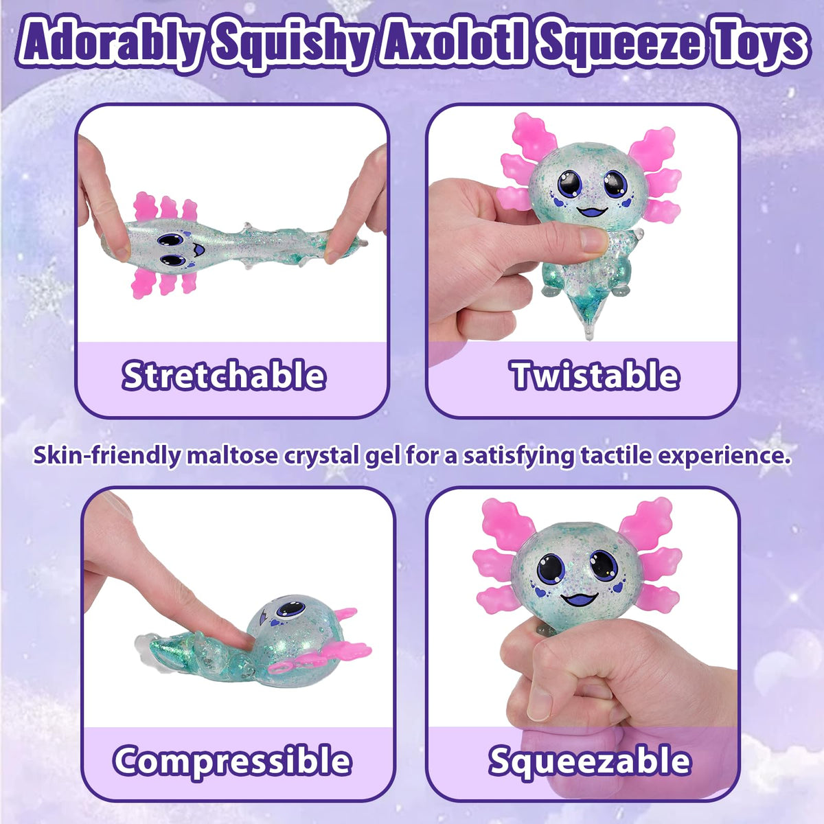 Axolotl Squishy Stress Relief Toy Glitter Fidget Toys Cute Malt Sugar Axolotl Toy Fidget Toys for Kids Youth Adult, Party Favors Anxiety Relief Squishy Toys(Blue)