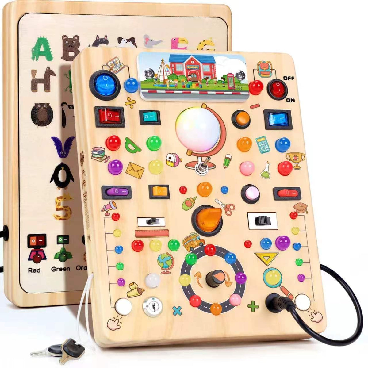 Busy Board with LED Light Switches, Montessori Toys for 1 2 3 Years Old, Toddlers Wooden Toy Sensory Activity Board, Travel Toys for 1+ Year Old Boy & Girl Birthday Gift