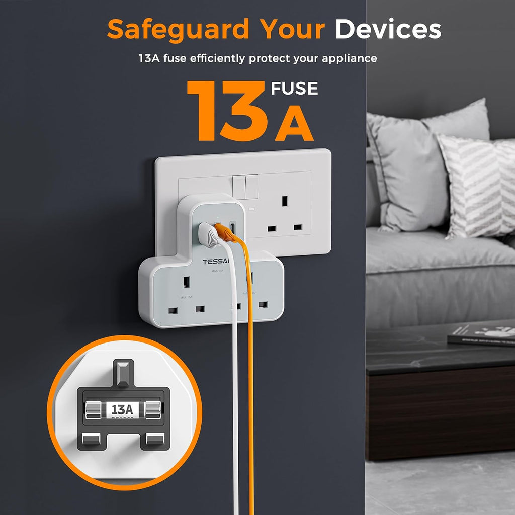 TESSAN USB Charger Plug Adapter UK (2 USB C), Double Plug Extension Socket