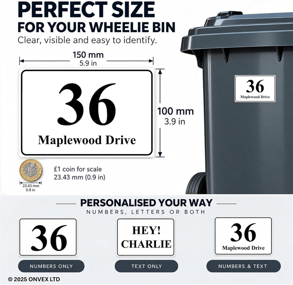 Set of 4 Personalised Wheelie Bin Stickers, Custom Bin Number Stickers with House Number and Street Name, Waterproof Labels for Rubbish and Recycling Bins, Easy Apply, 100 x 150mm (Style - Classic)