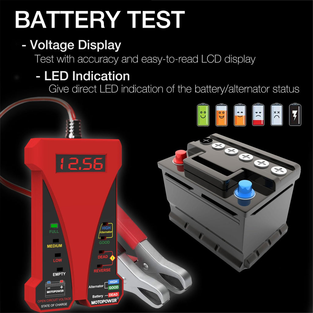 MOTOPOWER MP0514D 12V Digital Battery Tester Voltmeter and Alternator Charging System Analyzer with LCD Display and LED Indication, Orange Rubber Paint