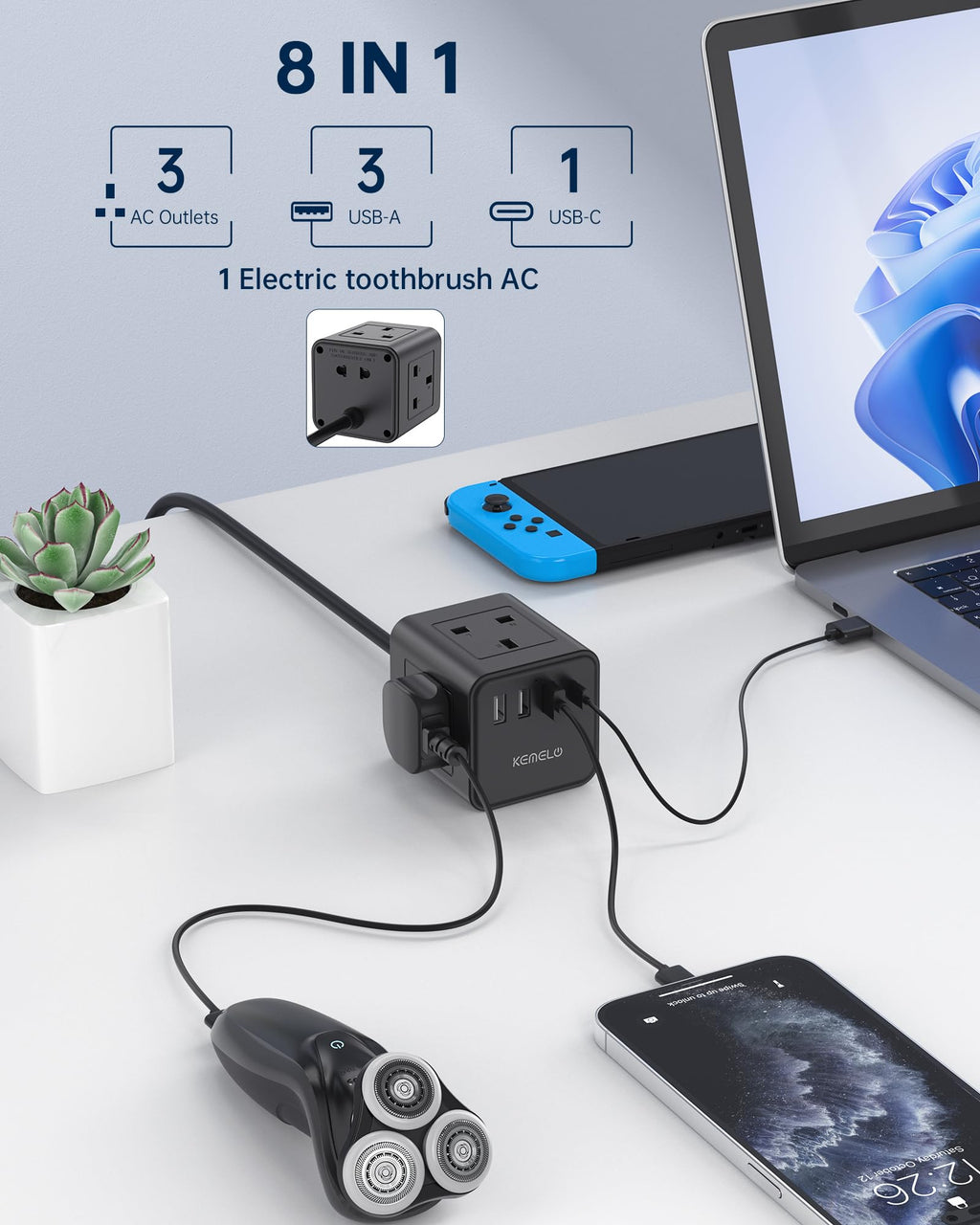 PD20W Cube Extension Lead with 4 USB Slots, Kemelo 4 Way (13A/3250W) Multi Plug Extension Cable with Child Safety UK Desktop Power Extension Socket,1.5M Extension Cords for Home Dorm Office