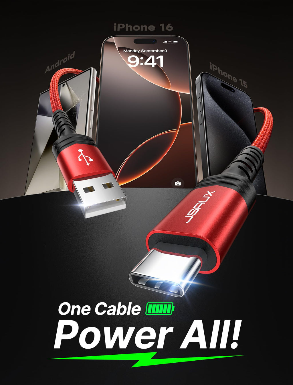 JSAUX USB C Cable (2m 2-Pack) 3.1A Fast Charging, Type C Charger Cable Compatible with iPhone 18 Pro 17 Air 16 15 Max, Samsung Galaxy S24 S23 S22 S21 Note 10 9, A14 A15 A25 A35 A53 A55, CarPlay -Red