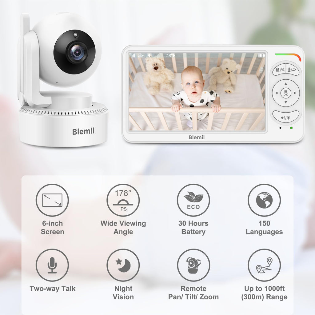 Blemil Baby Monitor with Camera, 6'' IPS Screen Baby Camera Monitor No WiFi