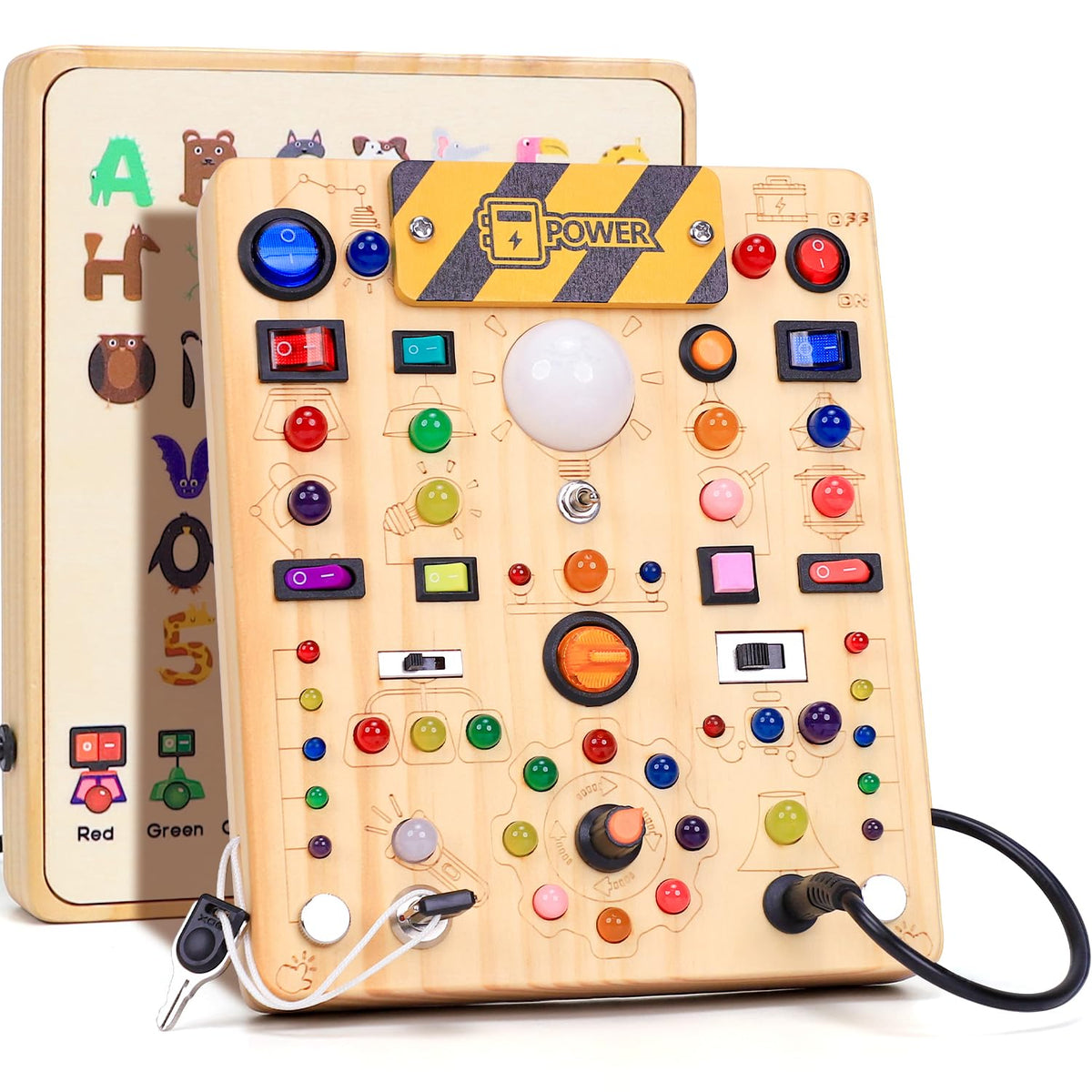 Busy Board with LED Light Switches, Montessori Toys for 1 2 3 Years Old, Toddlers Wooden Toy Sensory Activity Board, Travel Toys for 1+ Year Old Boy & Girl Birthday Gift