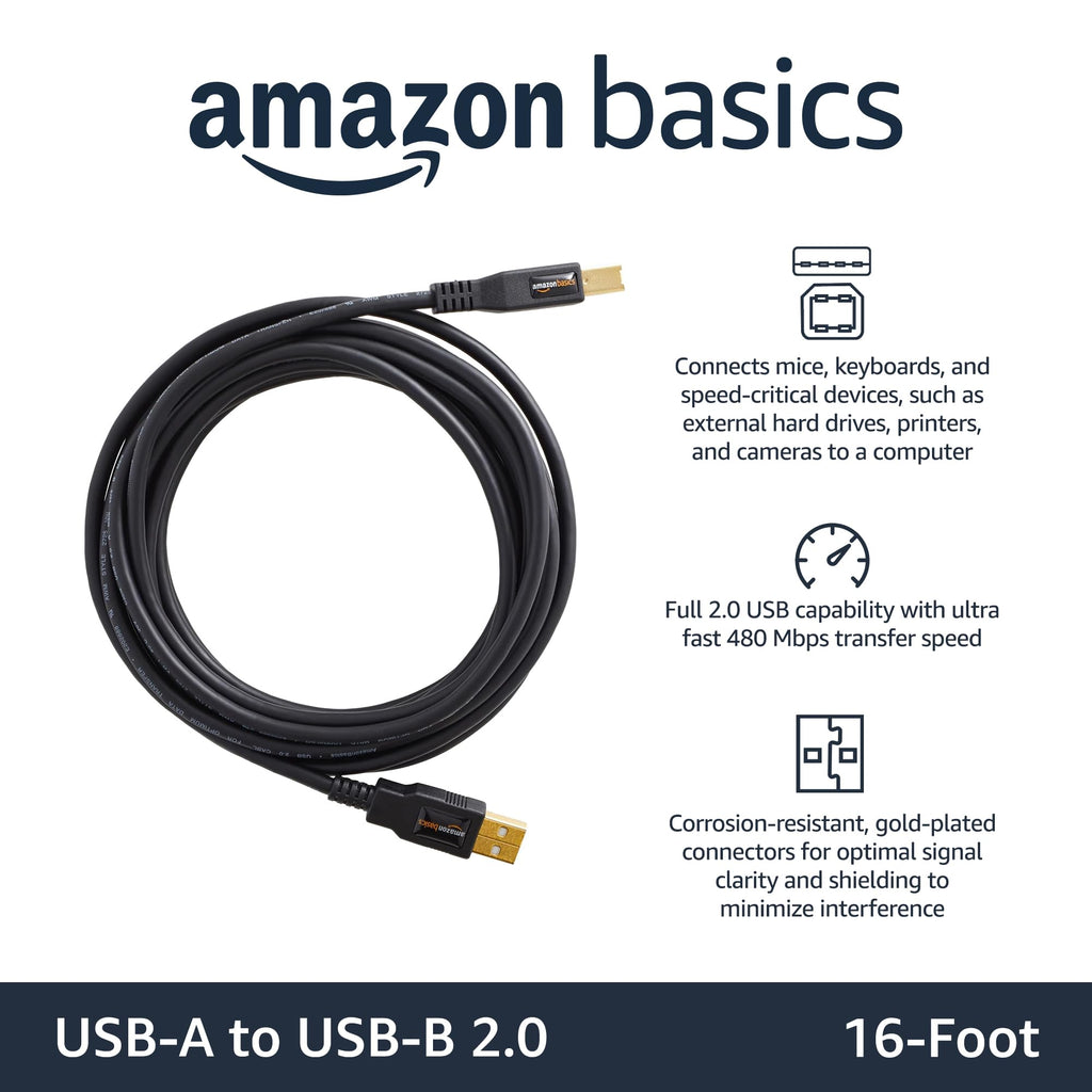 Amazon Basics USB Printer Cable, USB-A to USB-B 2.0, 1.8 m, Black