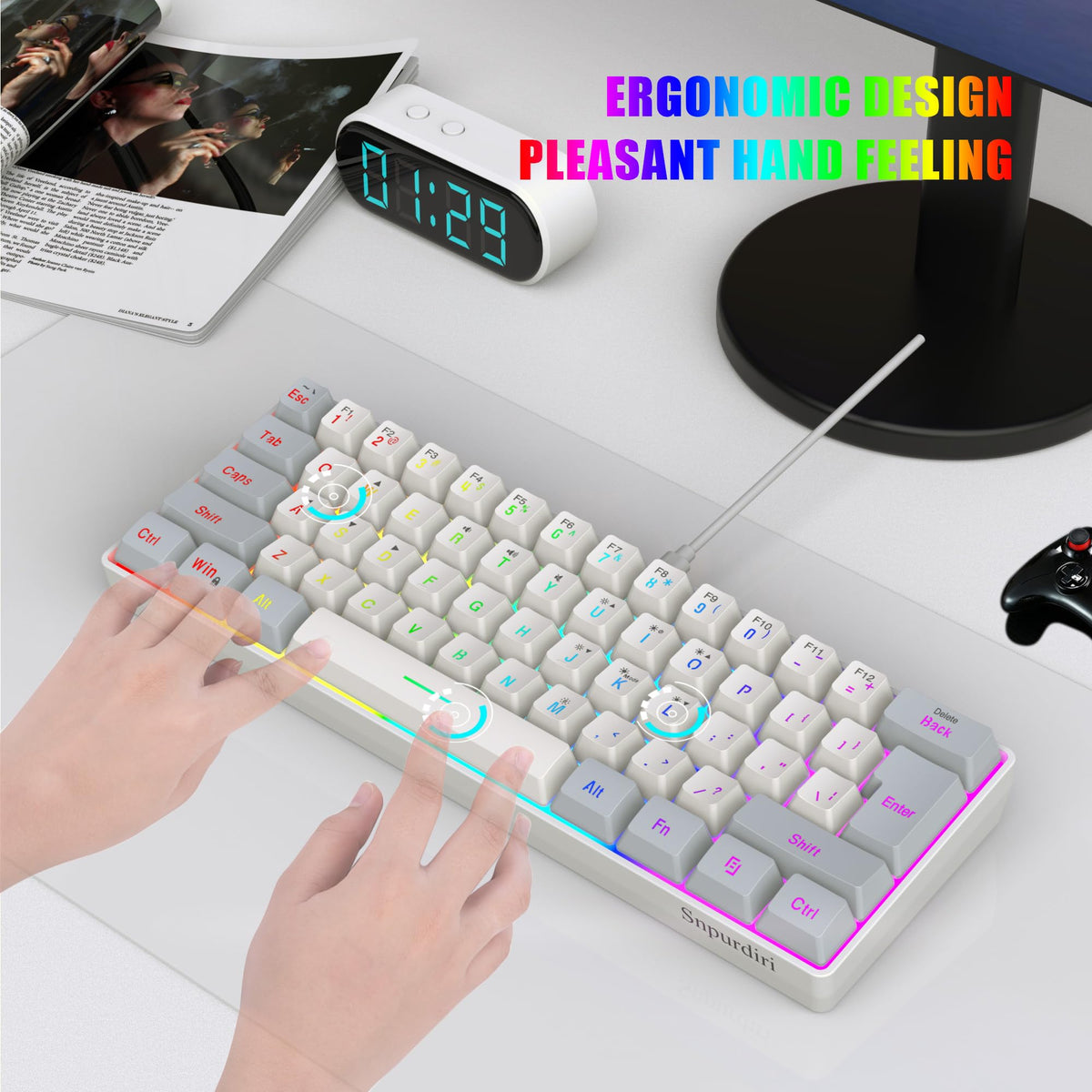 Snpurdiri 2.4G 60% Wireless Gaming Keyboard and Mouse Combo (White-Grey)