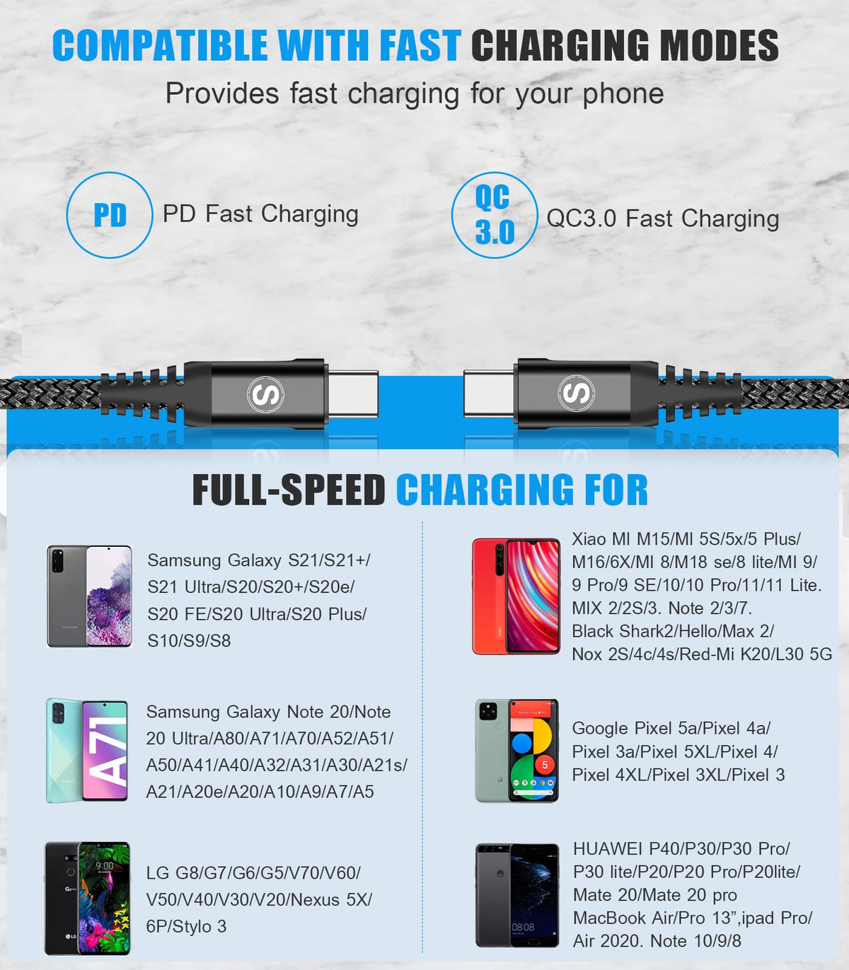 2-Pack 3m 60W USB C to USB C Charger Cable, PD Type C Super Fast Charging for iPhone 16 15 MacBook iPad Pro, Samsung Flip Fold 7 6 5 S25 S24 S23 Ultra, Steam Deck, Nintendo Switch etc