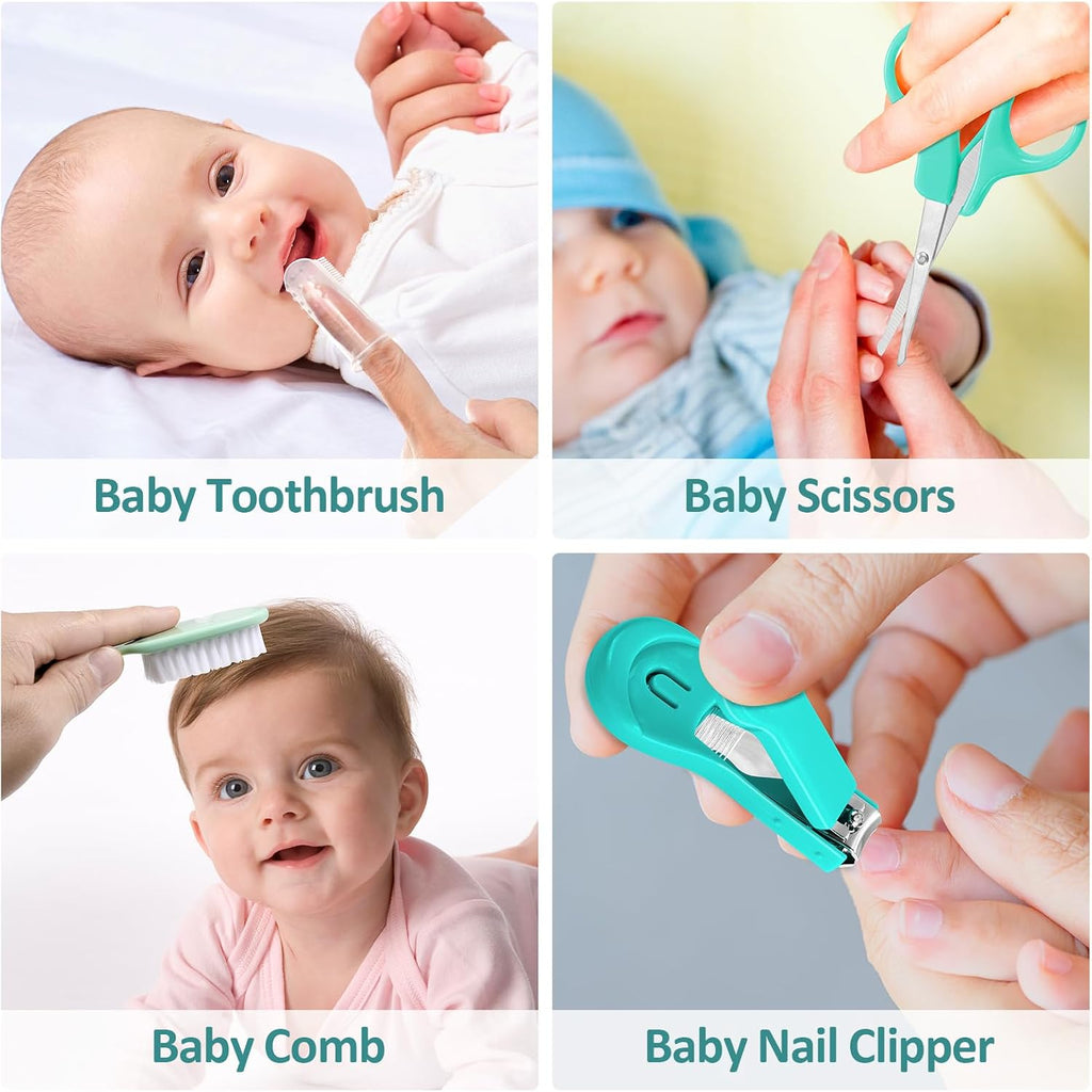 Qunlions life Baby Healthcare and Grooming Kit, Infant Safety Care Set with Hair Brush Comb Nail Clipper, Baby Essentials Kit for Newborn Girls Boys (Green 14 in 1）