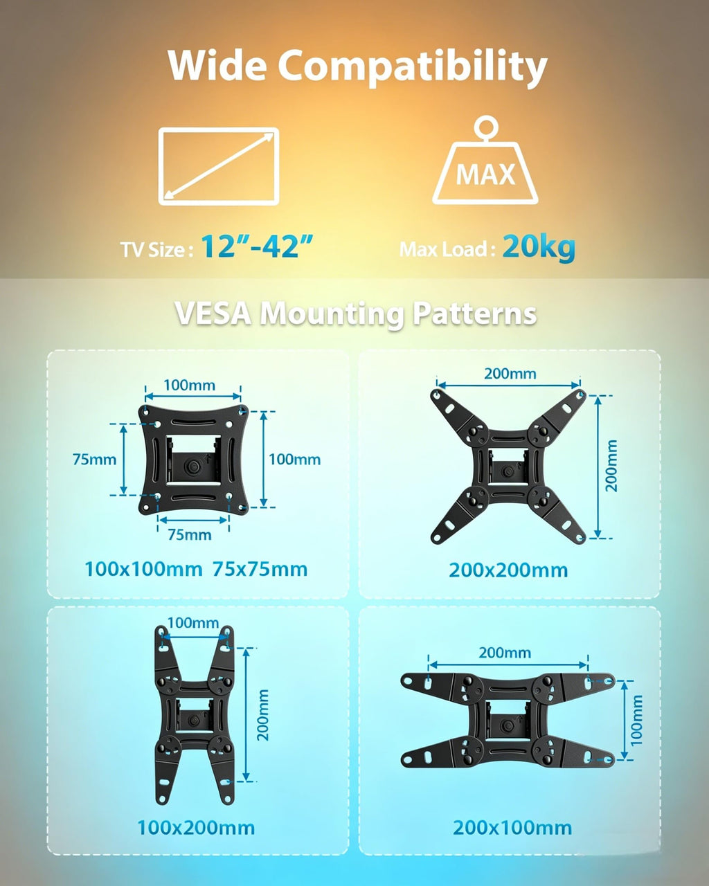 PERLESMITH TV Wall Bracket for 13-43 inch TVs, Swivel Tilt Extend Wall Mount for Flat & Curved TV up to 20kg, Max.VESA 200x200mm