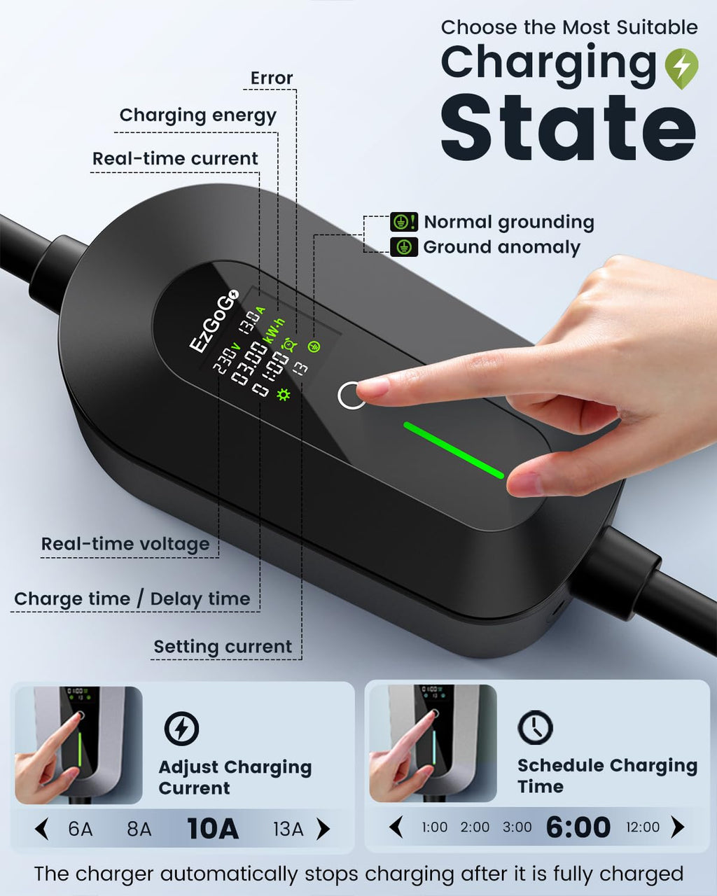 EzGoGo EV Charger 3 Pin Plug 32.81Ft/10M 3kW 6-13A Type 2 Charging Cable