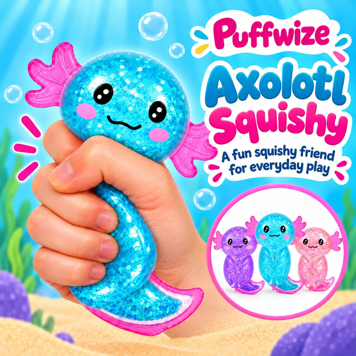 Axolotl Squishy Stress Relief Toy Glitter Fidget Toys Cute Malt Sugar Axolotl Toy Fidget Toys for Kids Youth Adult, Party Favors Anxiety Relief Squishy Toys(Blue)