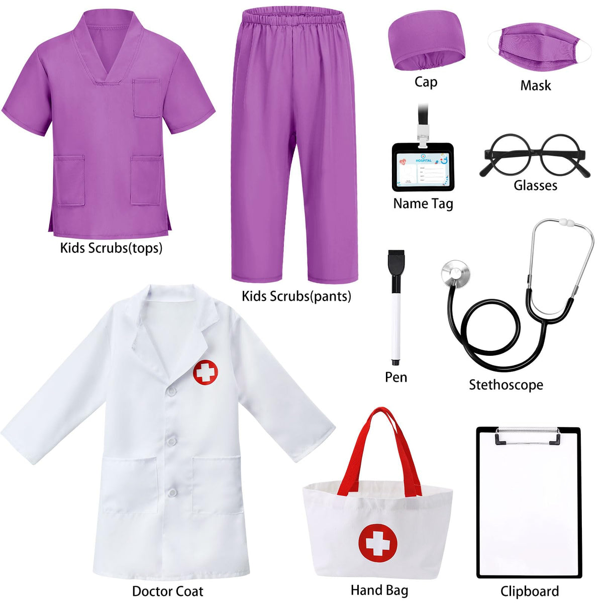 12 PCS Doctor Costume for Kids,Scrubs Nurse Costume for Girls Boys